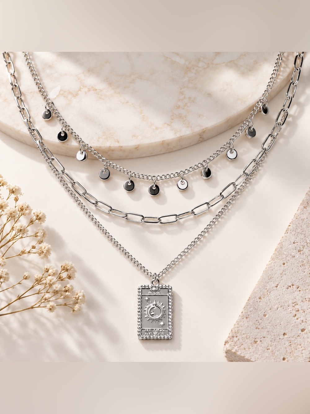 🌙✨ Moon Tarot Card Multi-Strand Layered Chain Necklace | Silver Tone | NWT